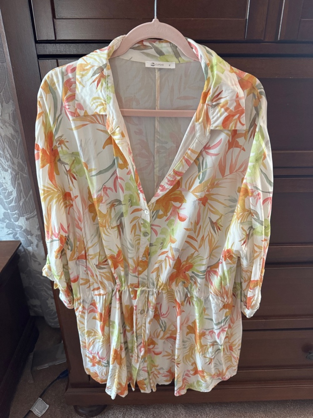 Cupshe White Tropical Floral Drawstring Shirt Dress